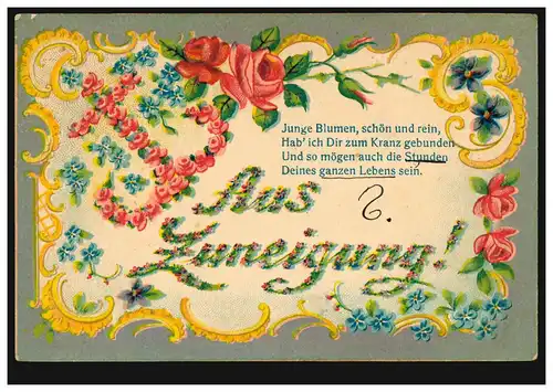 Prägekarte Aus Zuneigung! Blumenanker Rosen Veilchen, BERLIN SW 61 l 28.7.1905