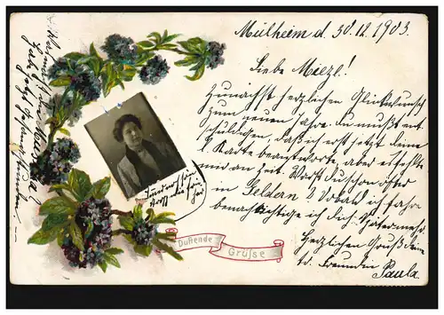 Carte de présentation de la femme en photo de passeport à Fleurgirlande, MÜLHEIM 31.12.1903