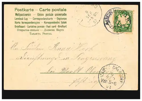 Prägekarte Engel im Mond mit Herzen und Blumen, AUGSBURG 8.9.1902