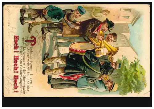 Prägekarte Musikanten spielen zum Geburtstag, BARSINGHAUSEN 13.10.1907