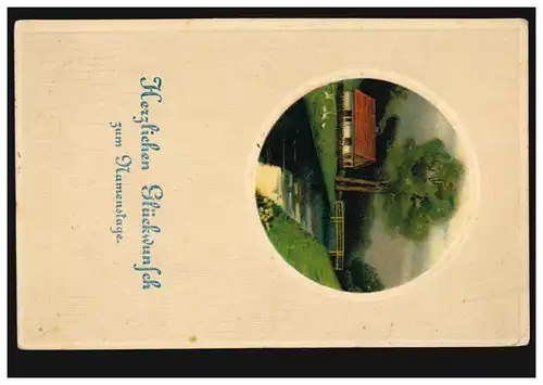 Prägekarte Namenstag Landschaftsbild mit Brücke Fluss Enten OSNABRÜCK 4.11.1910