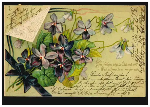 Prägekarte Veilchenstrauss mit Schleife, MARIADORF 8.11.1902 nach ADENAU 8.11.02