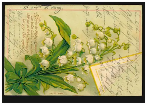 Prägekarte Maiglöckchenstrauss mit Schleife, BONN 16.11.1901 nach CÖLN 16.11.01
