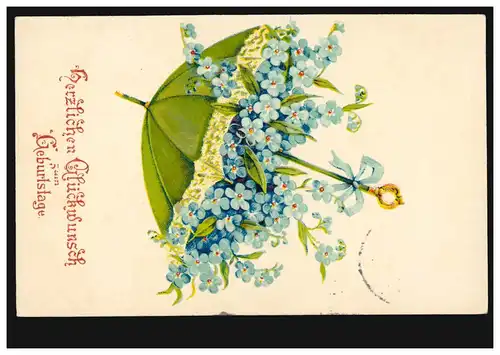 Prägekarte Veilchenblumen im Regenschirm, FRIEDENAU 7.3.1908