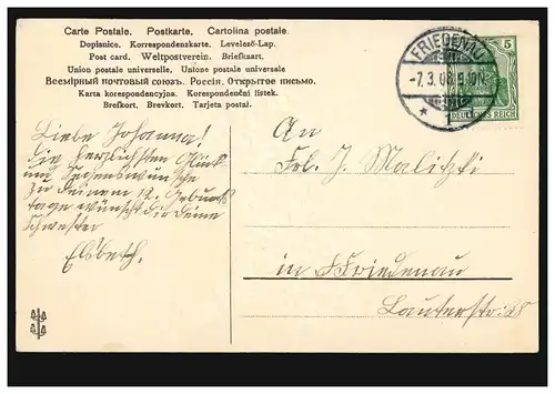 Prägekarte Veilchenblumen im Regenschirm, FRIEDENAU 7.3.1908