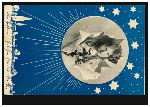 Prägekarte Frau mit Rose in der Sonne, MÜNCHEN 11.8.1906