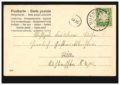 Carte de présentation femme avec rose au soleil, MUNICH 11.8.1906