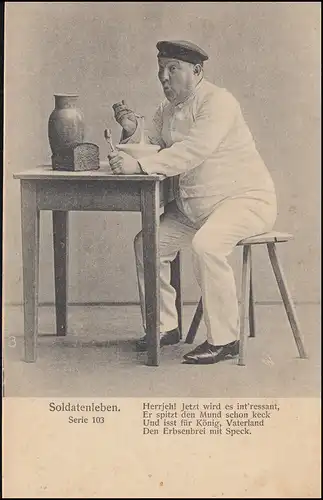 Karikatur-AK Soldatenleben: ... Erbsenbrei mit Speck, ungebraucht