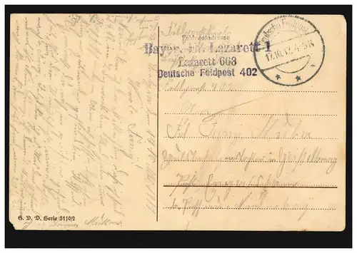Deutsche Feldpost 402 avec BS Bayer. Hôpital étape 668 sur lyrique AK 17.10.1917
