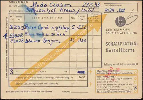 post-o-kreu bleu-vert sur PREETS (HOLSTEIN) 25.10.60, carte postale selon Rheda