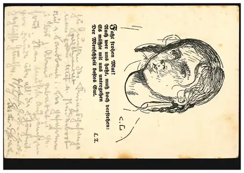 AK Artiste Prof. Landenberger: Tête de fille, avec poème, couru 8.9.1919