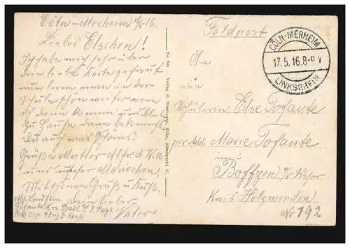 Köln: Rheinpanorama Dom und Wappen, Feldpost CÖLN-MERHEIM LINKSRHEIN. 17.5.1916