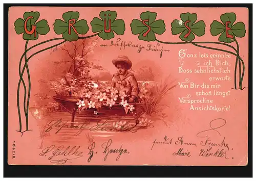 AK artiste jeune dans le Kahn Fleurs, Mémoire de poème, BERLIN S 14e 3.6.1899