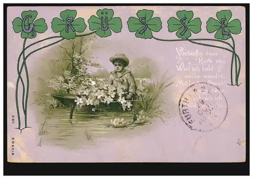 AK Artiste Jeune dans le Kahn Fleurs, Poème Continuer la randonnée, MUNICH 28.10.1898