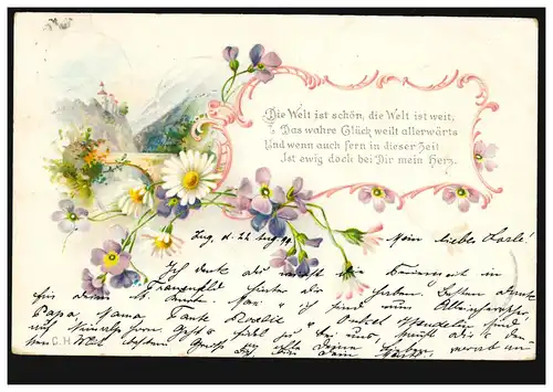 Lyrik-AK Landschaft mit Blumengirlande Gedicht Die Welt ist schön, ZUG 23.8.1899