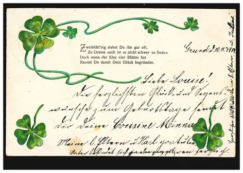 Trèfle de chance de poésie AK avec trèfil de goutte assorti avec 4 feuilles, fond 10.11.1904