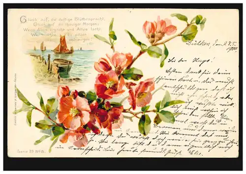 Lyrik-AK Strandlandschaft mit Segelbooten, Gedicht Trauriger Morgen, DÜLKEN 1900