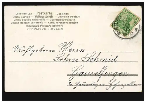 Lyrik-AK Hufeisen aus Veilchen, Rosen, Gedicht Vergissmeinnicht, STUTTGART 1903
