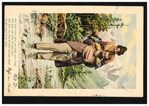 Lyrique AK couple d'amour - homme porte femme avec poème assorti, POBERSHAU 18.8.1905