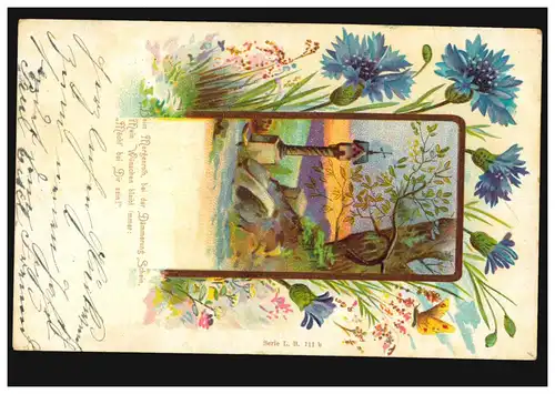 Lyrique AK croix avec guirlande fleurie, poème désir, ENVOYAGE 1901
