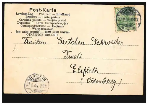 Lyrik-AK Liebespaar im Schltten, Gedicht im Schneegestöber, BORBECK 27.2.1904