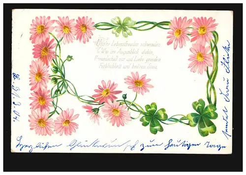 Lyrik-AK Blumenranke, Gedicht Lebensfreude, BERLIN 31.3.1904 Orts-PK