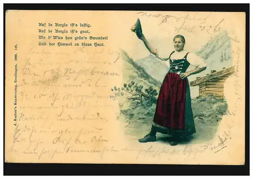 Lyrique AK femme en costume bavarois, poème Sur de Bergla ..., TEGERNSEE 1899