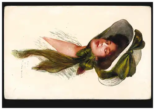 USA Künstler-AK Frau mit Hut und grüner langer Schleife, ungebraucht