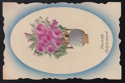 Niederlande Prägekarte Blumenstrauß in Vase (drehbar), gelaufen 1934