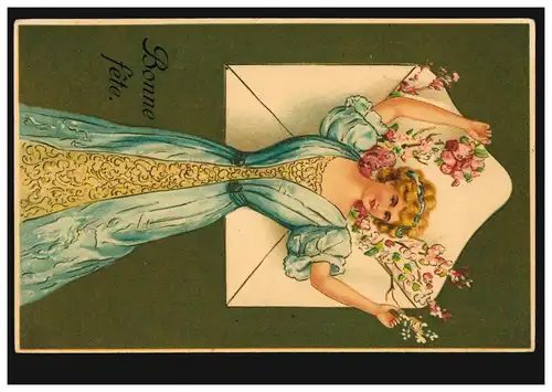 Carte de prédication femme joyeuse avec des fleurs et enveloppe, inutilisé