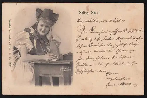 Carte de prédication femme en costume à la lettre, ALTENSTADT (Vauchet) 11.9.1899
