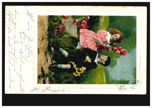 Prägekarte Mädchen und Junge mit Blumen, DELMENHORST22.12.1911