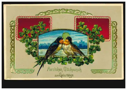 Tier-AK Schwalbenpaar mit Glücksklee-Girlande, NIEDER-SCHÖNEWEIDE 1909