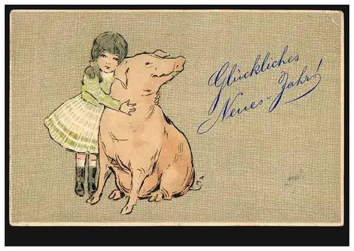 Tier-AK Neujahr Mädchen mit Schwein, WIESBADEN 2.1.1906 nach LÖVENICH/CÖLN 3.1.