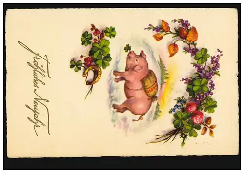 Tier-AK Neujahr Schwein Geldsack Glücksklee Hufeisen, LEVERKUSEN-WIESDORF 1931