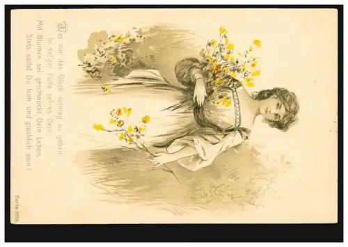 Lyrik-AK Frau mit Blumen, Gedicht Leben mit Blumen geschmückt, ungebraucht