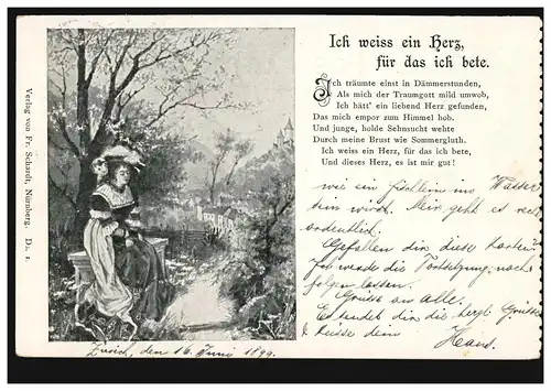 Lyrik-AK Betende Frau auf Bank, Gedicht Ich weiß ein Herz, für das ich bete.1899