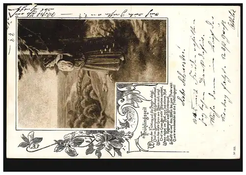 Lyrique AK femme à la périphérie de la forêt avec vue sur la vallée, poème Printemps, GERSAU 30.8.1900