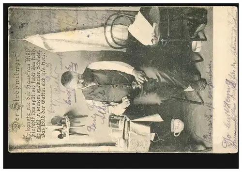 Lyrik-AK Mann mit Kaffeemühle, Gedicht Der Strohwitwer, BERLIN O 17e 22.8.1905
