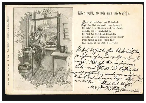 Lyrik-AK Abschied - Weinende Frau, Gedicht Wer weiß, ob wir uns wiedersehn, 1900