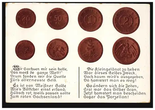 Lyrik-AK Sächsische Sprichwörter: Sachsenpfennig, Böttcher, Meissner Porzellan