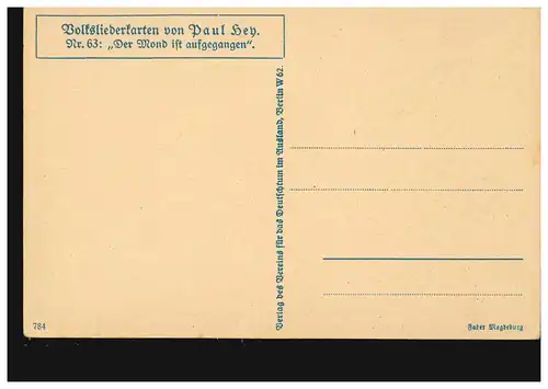 Künstler-AK Volksliederkarte Paul Hey: Der Mond ist aufgegangen, ungebraucht