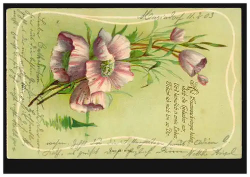 Carte de prédilection poème d'amour avec des fleurs avant les lacs, après ADENAU 11.2.1903