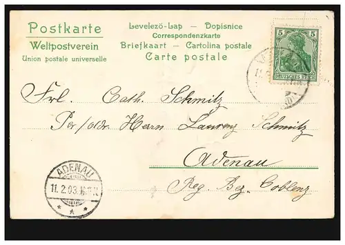 Carte de prédilection poème d'amour avec des fleurs avant les lacs, après ADENAU 11.2.1903