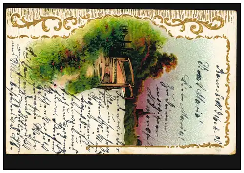 Prägekarte Landschaftsbild mit Brücke und Kirche, RAMSBECK 16.9.1905