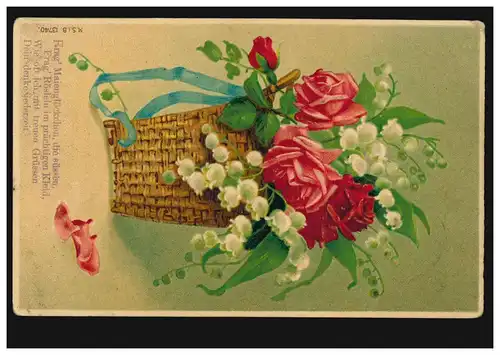 Carte de pré-conduite Poème avec des jetons et des roses, par voie ferrée 1908