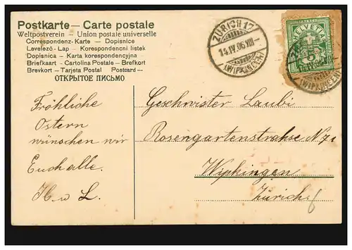 Carte de Pâques Attention à Dieu Fleurs, ZÜRICH 17 (WIPKINGEN) 15.4.1906