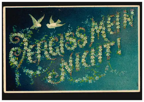 Prägekarte Blumenschrift: Vergiss mein nicht! Taubenpaar, MÜNSTER 15.10.1907