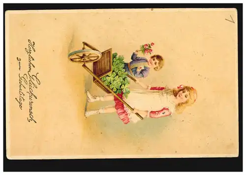 Card. d'anniversaire: Enfants avec brouette pleine de trèfle chanceux, 3.8.1914