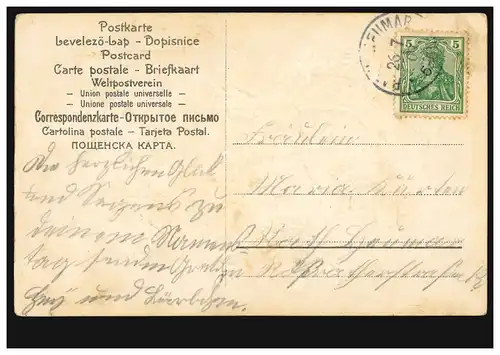 Prägekarte Gedicht Nelkenkorb mit Schwalbenpaar, RATH HEUMAR 26.7.1909